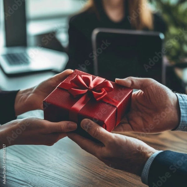 Fototapeta A professional setting where a red gift box is exchanged between two individuals, symbolizing appreciation and teamwork in a business environment.