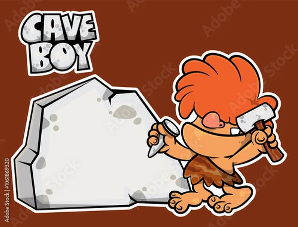 Fototapeta Little caveman cartoon characters, Carving an epigraph with stone hammer and chisel. Best for sticker, logo, and mascot with prehistoric themes for kids