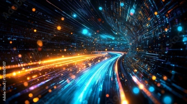Obraz A digital tunnel of streaming light particles, with blue and orange tones, representing speed and futuristic data flow