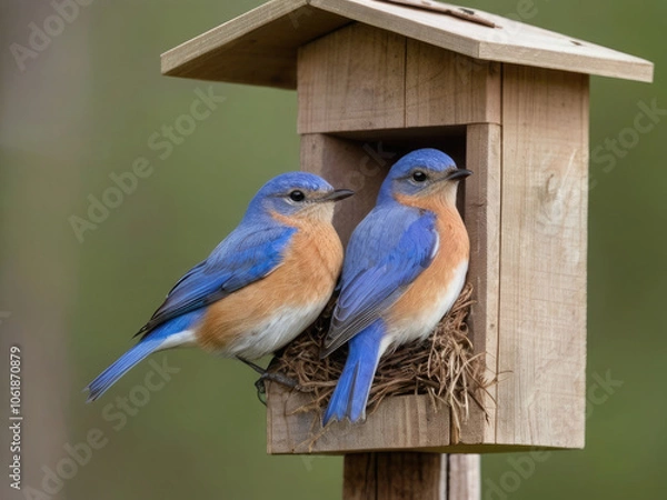 Fototapeta A pair of Eastern Bluebirds on a nesting box in Spring.