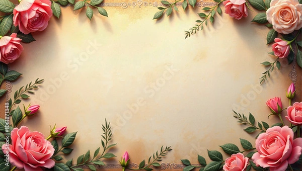 Obraz Pink Rose Floral Frame Victorian Paper Style with Beige Background and Green Leaves
