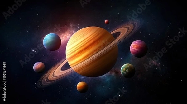 Fototapeta Saturn and its Rings in Space with Other Planets and Stars