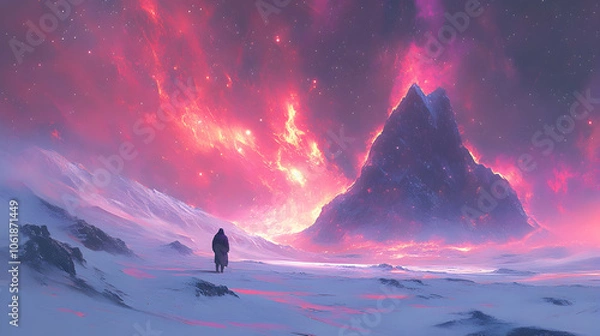 Fototapeta Lone Figure in a Fiery Sky, mountain, clouds, night, stars, silhouette