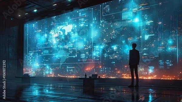 Fototapeta A futuristic tech office with employees interacting with holographic displays, sleek and modern, glowing blue and white lights, innovation and digital transformation concept