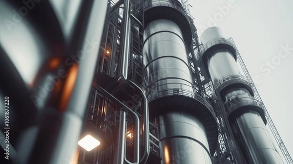Fototapeta Industrial structures with metallic pipes and towers in a factory.