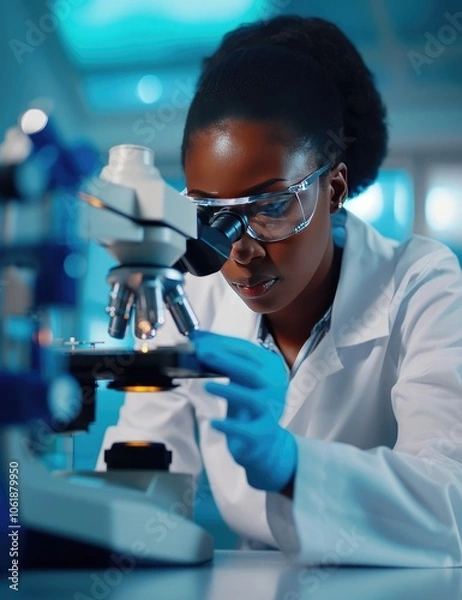 Fototapeta Medical science laboratory portrait of an African American scientist, black woman using microscope with protective glasses.	