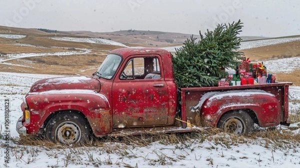 Fototapeta A red pickup truck hauling a Christmas tree and presents in a snowy field