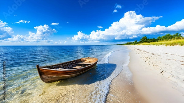 Fototapeta Wooden Boat On A Sandy Beach, shore, ocean, sea, water, waves
