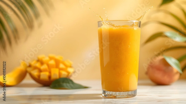 Fototapeta Mango juice in a glass. Splashes. Summer drink. tropical juice. Refreshing drink.