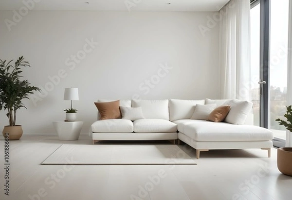 Fototapeta A modern living room with a large white sectional sofa, a white side table, and a beige area rug on a light hardwood floor.