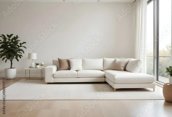 Fototapeta A modern living room with a large white sectional sofa, a white side table, and a beige area rug on a light hardwood floor.