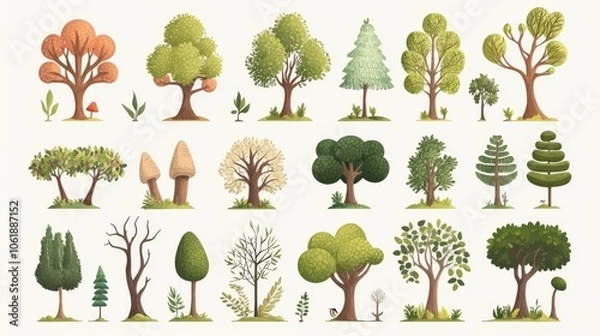 Fototapeta A collection of various tree illustrations showcasing different shapes and colors, perfect for nature-themed designs.