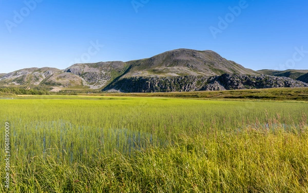 Fototapeta Picturesque landscapes of Northern Norway near Molvik, Finnmark, Norway with mountains, lake and fjords around