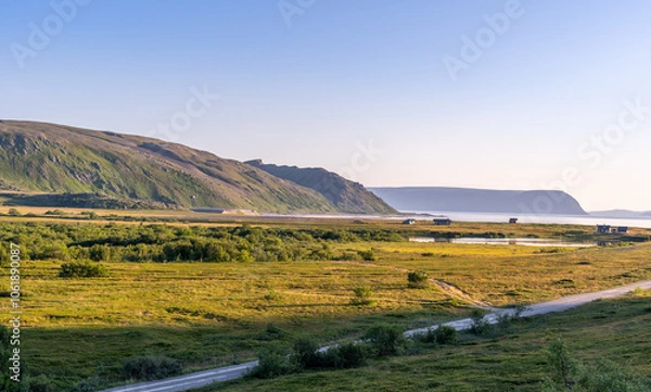 Fototapeta Picturesque landscapes of Northern Norway near Molvik, Finnmark, Norway with mountains, lake and fjords around
