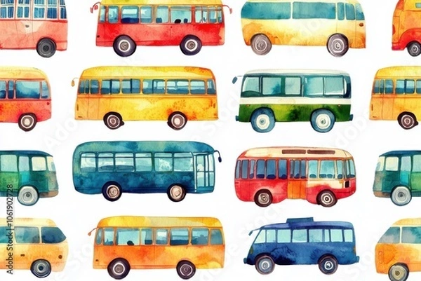 Fototapeta Colorful watercolor buses in various styles, ideal for transportation themes, children's art, or playful design projects.