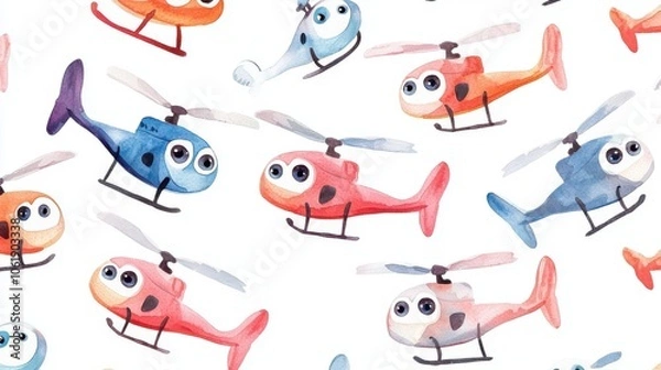 Fototapeta Playful illustration of colorful helicopters in a whimsical pattern, perfect for children's designs and playful themes.