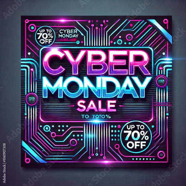 Fototapeta Cyber Monday sale banner design with a modern, tech-inspired theme. The banner features bold, neon text that reads 'Cyber Monday Sale' with addition