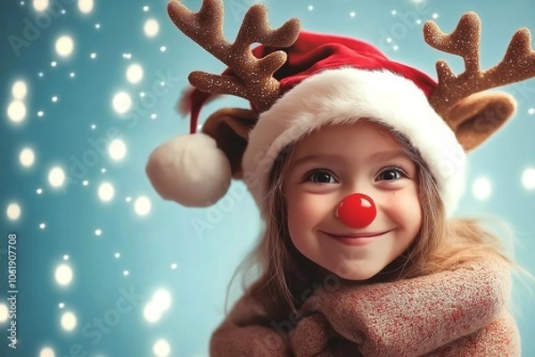 Fototapeta a portrait of a little girl with Rudolph Christmas hat and red nose