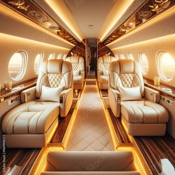 Fototapeta Luxury golden and white private jet plane interior seats and window. Comfortable business first class flight inside, empty expensive elegance and success, nobody in prestigious rich and wealthy cabin.