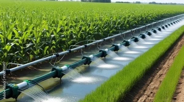 Fototapeta Efficient agricultural irrigation systems for watering corn fields on hot summer days.