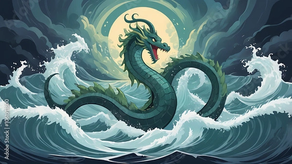 Fototapeta A fierce depiction of the god Marduk battling Tiamat, the primordial sea dragon, in a stormy sea, showcasing the intense battle of light versus darkness.
