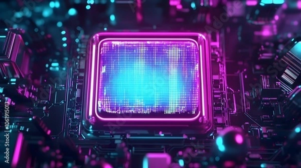 Fototapeta Pulsating Neon Frame with Vintage TV Static Effect in Tech Design