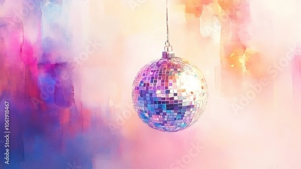 Obraz Elegant New Year's with watercolor disco ball, gentle color washes, and soft tones, perfect for holiday invitations. Christmas, New Year's Eve