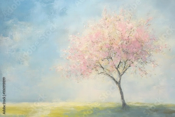 Fototapeta Vibrant pink cherry blossom tree in a serene landscape