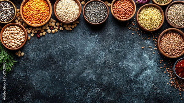 Fototapeta Assorted spices and grains in wooden bowls with a textured dark background, showcasing culinary ingredients.