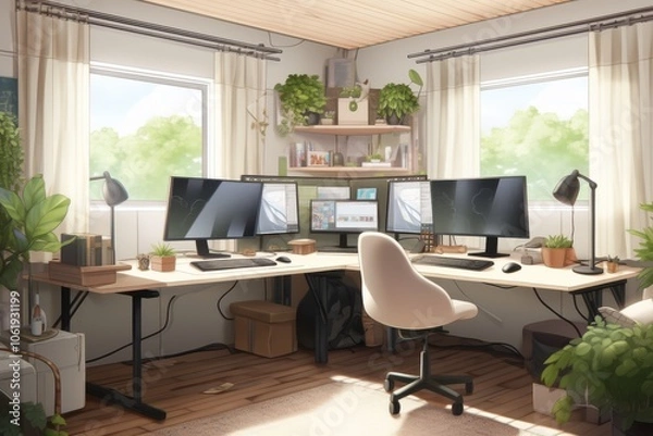Fototapeta Home Office With Two Monitors.