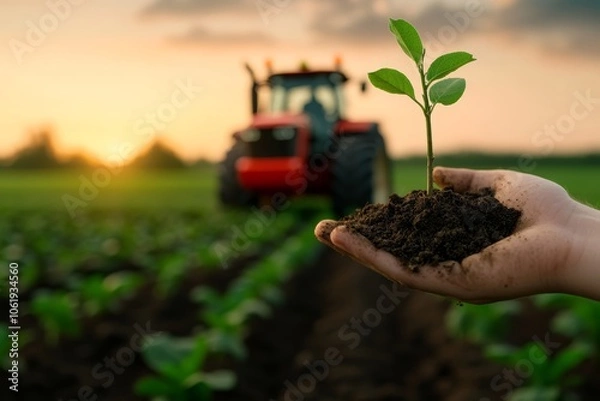 Fototapeta Hand holding a small plant with soil in front of a tractor, symbolizing growth and agriculture at sunset.