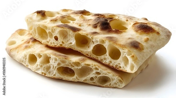 Fototapeta Food, Ciabatta, Photo Realistic, on White Background, Abstract Image, Texture, Pattern Background, Wallpaper, Cover and Screen of Smartphone, PC, Laptop, 9:16 and 16:9 Format