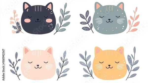 Obraz Cute illustrated cat faces in pastel colors surrounded by leaves, perfect for children's designs and pet-related projects.