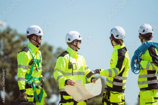 Fototapeta Team of electrical engineer is perform the inspection and maintenance of electric generating windmill turbine.