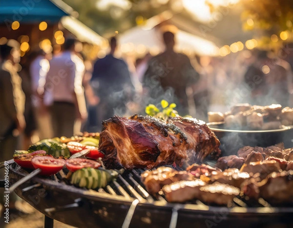 Fototapeta Flavorful meats sizzling on the grill amid a lively outdoor party atmosphere. Generative AI