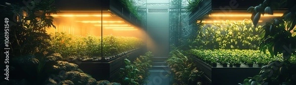 Fototapeta Smart vertical farm adjusting light and water based on AI weather forecasts