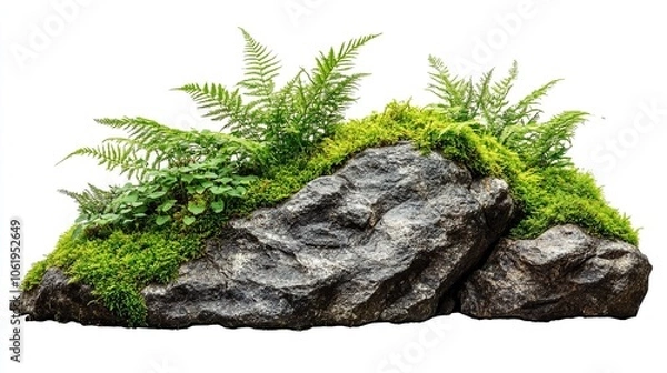 Fototapeta Tropical plant fern moss bush tree jungle stone rock isolated on white background with clipping path