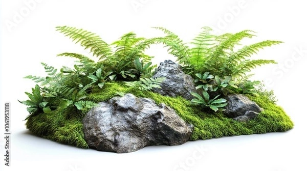 Fototapeta Tropical plant fern moss bush tree jungle stone rock isolated on white background with clipping path