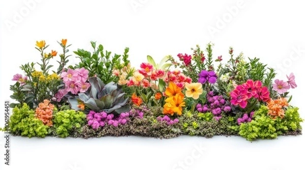 Fototapeta Spring garden scene with a mix of vibrant flowers isolated on white