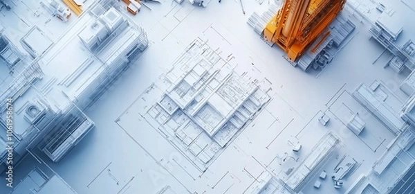 Fototapeta Overhead view of a construction site with a crane and white models of buildings on blueprints.