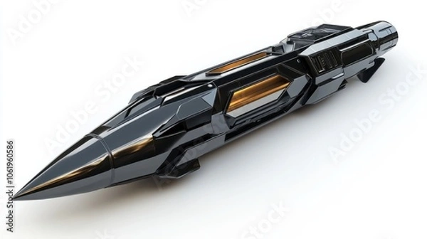 Obraz Tactical missile with sharp design and polished metallic surface, representing advanced weaponry, isolated on white background