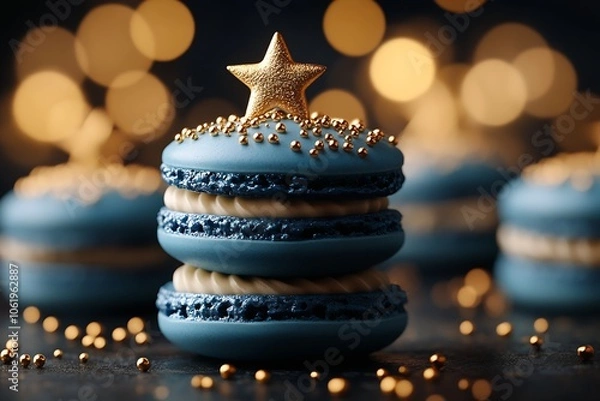 Fototapeta Elegant Holiday Macaron with Gold Star Topper and Glittering Decor for Festive Celebrations : Generative AI