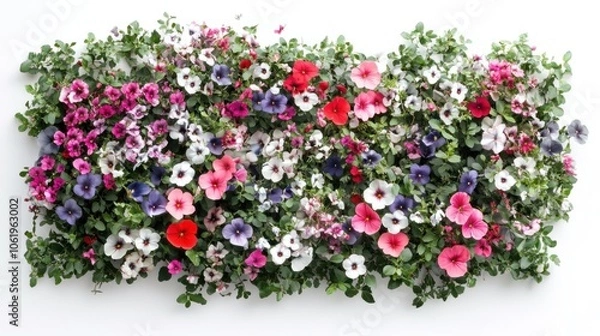 Fototapeta Top-down view of a flower garden bed with mixed blooms against a white background