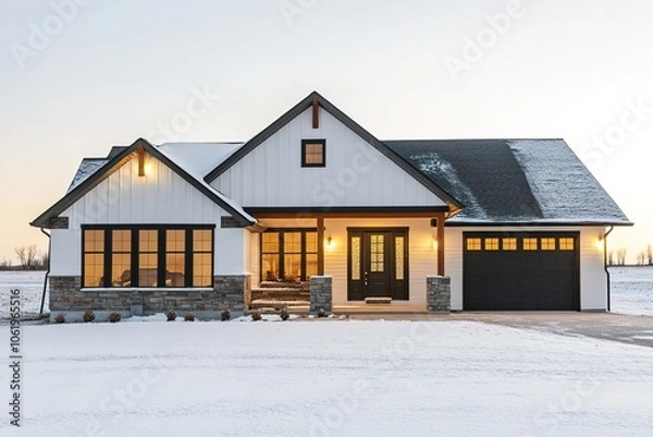 Obraz Modern house with lights on at dusk, winter setting