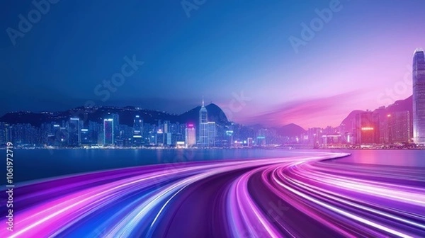 Fototapeta Vibrant Cityscape with Dynamic Light Trails at Dusk