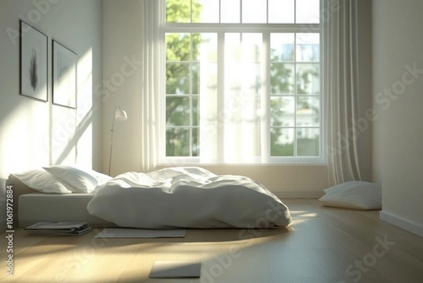 Fototapeta Stylish minimalist bedroom design featuring calming colors and natural elements for a serene space