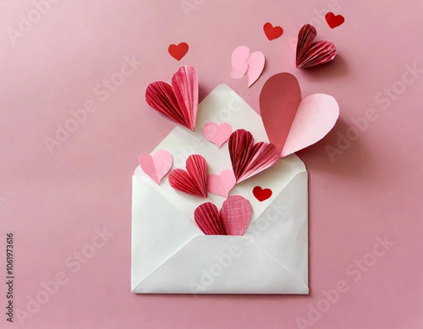 Fototapeta A creative firefly love letter with crafted hearts on soft pink background. Generative AI