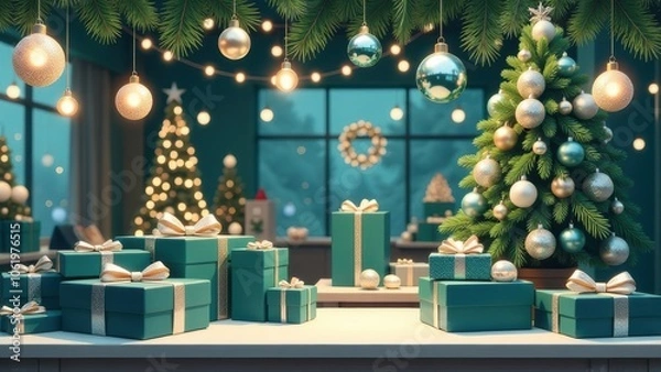 Fototapeta A festive holiday scene with a decorated Christmas tree adorned with silver and teal ornaments, surrounded by teal gift boxes with silver ribbons. Soft warm lights and baubles add a cozy atmosphere