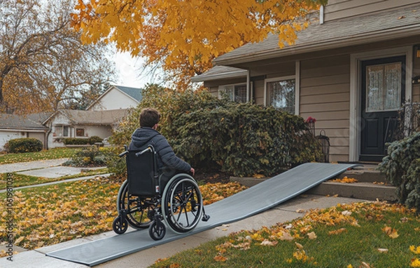 Fototapeta Young man using wheelchair ramp entering home in autumn with Copyspace
