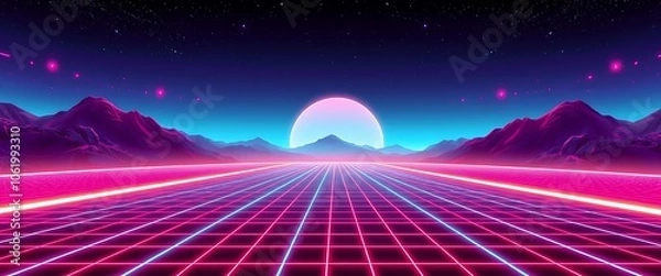 Fototapeta A digital landscape wallpaper featuring a neon grid stretching towards the horizon, evoking a retro-futuristic vibe.